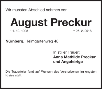 Traueranzeige von August Preckur von Gesamtausgabe Nürnberger Nachrichten/ Nürnberger Ztg.