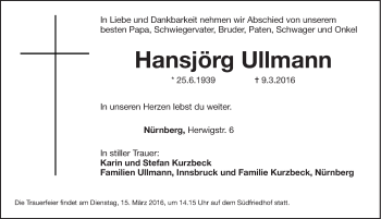 Traueranzeige von Hansjörg Ullmann von Gesamtausgabe Nürnberger Nachrichten/ Nürnberger Ztg.
