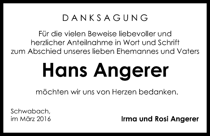  Traueranzeige für Hans Angerer vom 12.03.2016 aus Schwabach