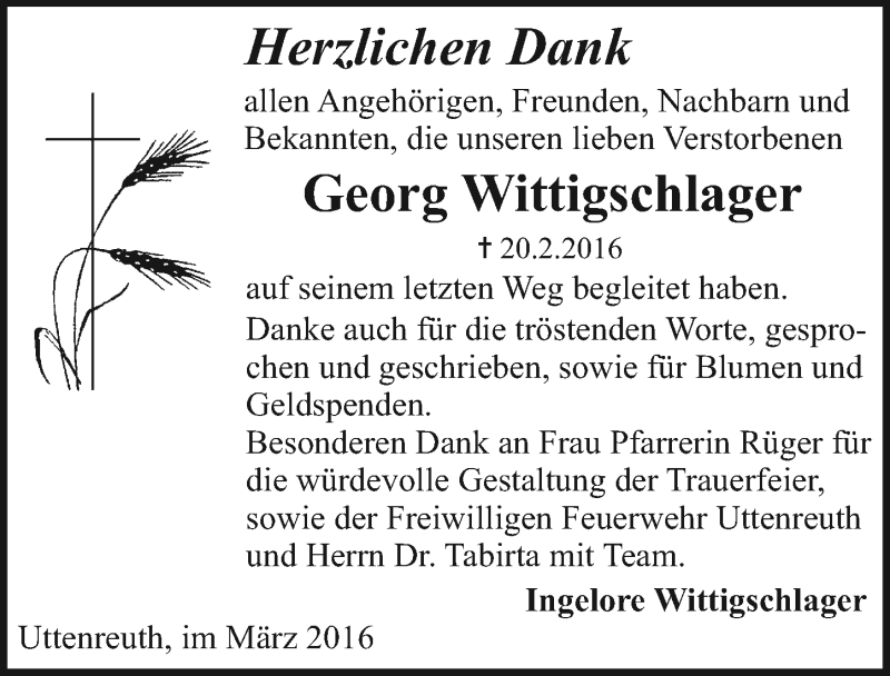  Traueranzeige für Georg Wittigschlager vom 05.03.2016 aus Erlanger Nachrichten Lokal