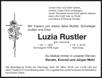 Traueranzeige von Luzia Rustler von Gesamtausgabe Nürnberger Nachrichten/ Nürnberger Ztg.