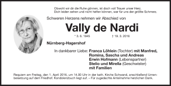 Traueranzeige von Vally de Nardi von Gesamtausgabe Nürnberger Nachrichten/ Nürnberger Ztg.