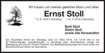 Traueranzeige von Ernst Stoll von Gesamtausgabe Nürnberger Nachrichten/ Nürnberger Ztg.