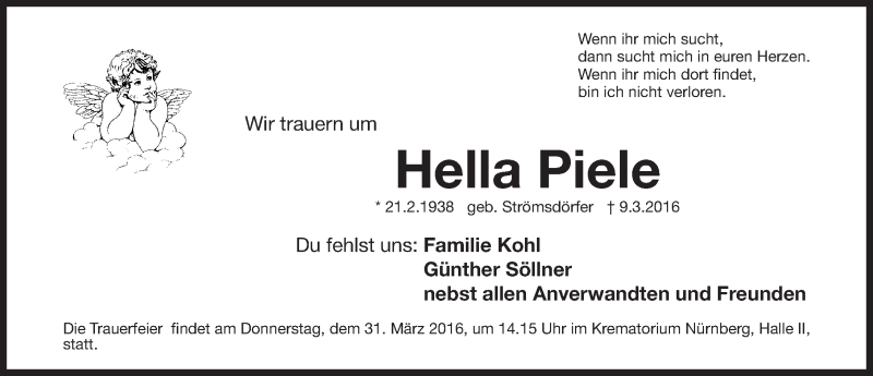  Traueranzeige für Hella Piele vom 26.03.2016 aus Gesamtausgabe Nürnberger Nachrichten/ Nürnberger Ztg.