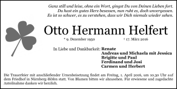 Traueranzeige von Otto Hermann Helfert von Fürther Nachrichten Lokal