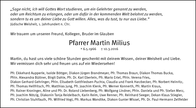  Traueranzeige für Martin Milius vom 16.03.2016 aus Schwabach