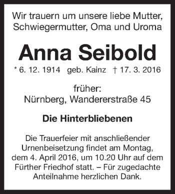 Traueranzeige von Anna Seibold von Gesamtausgabe Nürnberger Nachrichten/ Nürnberger Ztg.