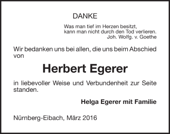 Traueranzeige von Herbert Egerer von Gesamtausgabe Nürnberger Nachrichten/ Nürnberger Ztg.
