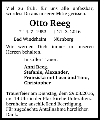 Traueranzeige von Otto Reeg von Gesamtausgabe Nürnberger Nachrichten/ Nürnberger Ztg.