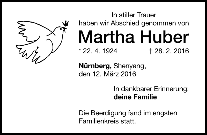  Traueranzeige für Martha Huber vom 12.03.2016 aus Altmühl-Bote Lokal