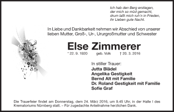 Traueranzeige von Else Zimmerer von Gesamtausgabe Nürnberger Nachrichten/ Nürnberger Ztg.