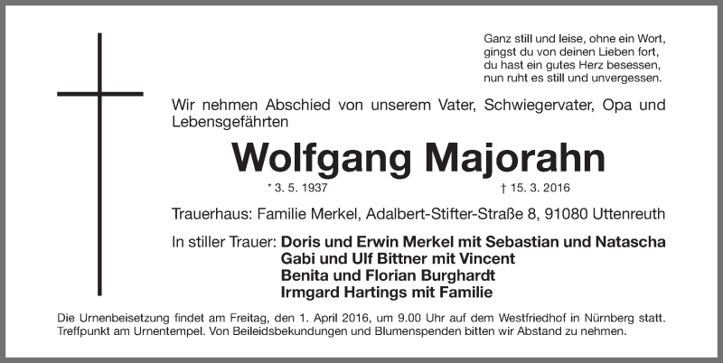  Traueranzeige für Wolfgang Majorahn vom 30.03.2016 aus Erlanger Nachrichten Lokal