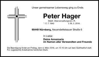 Traueranzeige von Peter Hager von Gesamtausgabe Nürnberger Nachrichten/ Nürnberger Ztg.