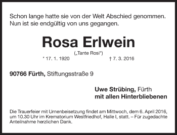 Traueranzeige von Rosa Erlwein von Gesamtausgabe Nürnberger Nachrichten/ Nürnberger Ztg.