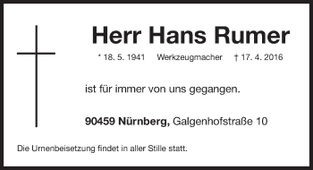 Traueranzeige von Hans Rumer von Gesamtausgabe Nürnberger Nachrichten/ Nürnberger Ztg.
