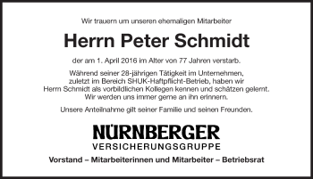 Traueranzeige von Peter Schmidt von Gesamtausgabe Nürnberger Nachrichten/ Nürnberger Ztg.