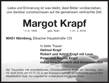 Traueranzeige von Margot Krapf von Gesamtausgabe Nürnberger Nachrichten/ Nürnberger Ztg.