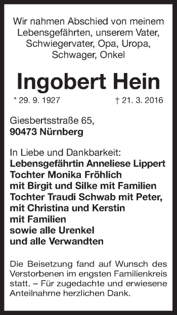Traueranzeige von Ingobert Hein von Gesamtausgabe Nürnberger Nachrichten/ Nürnberger Ztg.