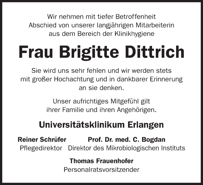  Traueranzeige für Brigitte Dittrich vom 16.04.2016 aus Erlanger Nachrichten Lokal