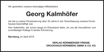 Traueranzeige von Georg Kalmhöfer von Gesamtausgabe Nürnberger Nachrichten/ Nürnberger Ztg.