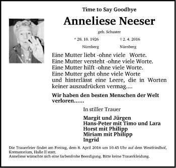 Traueranzeige von Anneliese Neeser von Gesamtausgabe Nürnberger Nachrichten/ Nürnberger Ztg.