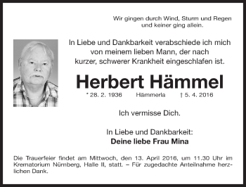 Traueranzeige von Herbert Hämmel von Gesamtausgabe Nürnberger Nachrichten/ Nürnberger Ztg.