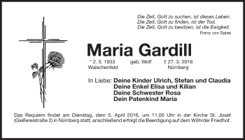 Traueranzeige von Maria Gardill von Gesamtausgabe Nürnberger Nachrichten/ Nürnberger Ztg.