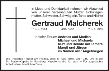 Traueranzeige von Gertraud Malcherek von Gesamtausgabe Nürnberger Nachrichten/ Nürnberger Ztg.