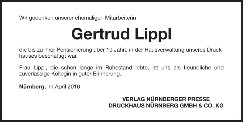  Traueranzeige für Gertrud Lippl vom 07.04.2016 aus Gesamtausgabe Nürnberger Nachrichten/ Nürnberger Ztg.
