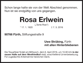 Traueranzeige von Rosa Erlwein von Gesamtausgabe Nürnberger Nachrichten/ Nürnberger Ztg.