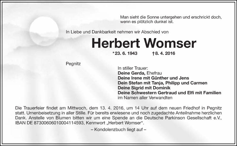  Traueranzeige für Herbert Womser vom 11.04.2016 aus Nordbayer. Nachrichten Forchheim/ Nordbayer. Nachrichten Pegnitz