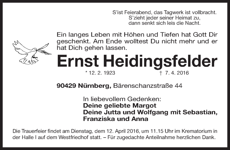  Traueranzeige für Ernst Heidingsfelder vom 09.04.2016 aus Gesamtausgabe Nürnberger Nachrichten/ Nürnberger Ztg.