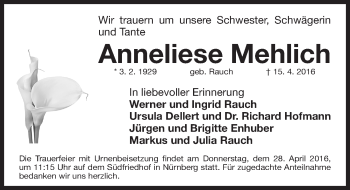 Traueranzeige von Anneliese Mehlich von Gesamtausgabe Nürnberger Nachrichten/ Nürnberger Ztg.