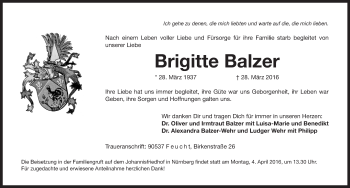 Traueranzeige von Brigitte Balzer von Gesamtausgabe Nürnberger Nachrichten/ Nürnberger Ztg.
