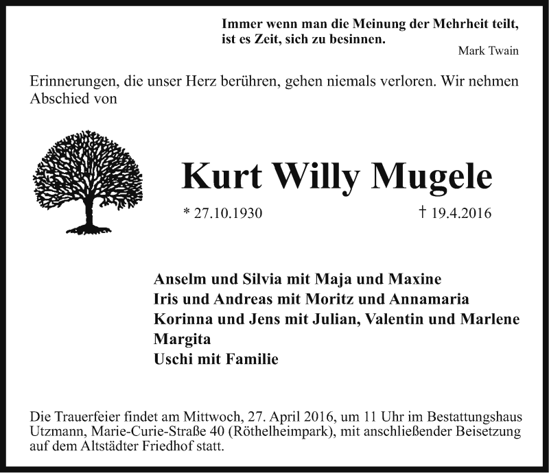  Traueranzeige für Kurt Willy Mugele vom 23.04.2016 aus Erlanger Nachrichten Lokal