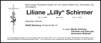 Traueranzeige von Liliane Lilly Schirmer von Gesamtausgabe Nürnberger Nachrichten/ Nürnberger Ztg.