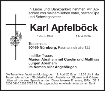 Traueranzeige von Karl Apfelböck von Gesamtausgabe Nürnberger Nachrichten/ Nürnberger Ztg.