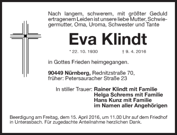 Traueranzeige von Eva Klindt von Gesamtausgabe Nürnberger Nachrichten/ Nürnberger Ztg.