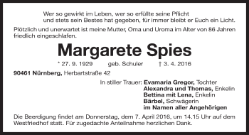Traueranzeige von Margarete Spies von Gesamtausgabe Nürnberger Nachrichten/ Nürnberger Ztg.