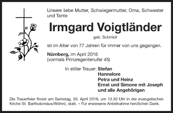 Traueranzeige von Irmgard Voigtländer von Gesamtausgabe Nürnberger Nachrichten/ Nürnberger Ztg.
