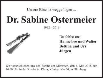Traueranzeige von Sabine Ostermeier von Gesamtausgabe Nürnberger Nachrichten/ Nürnberger Ztg.
