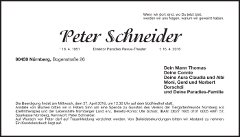 Traueranzeige von Peter Schneider von Gesamtausgabe Nürnberger Nachrichten/ Nürnberger Ztg.
