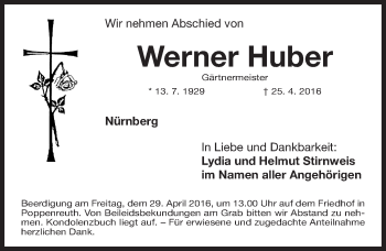 Traueranzeige von Werner Huber von Gesamtausgabe Nürnberger Nachrichten/ Nürnberger Ztg.