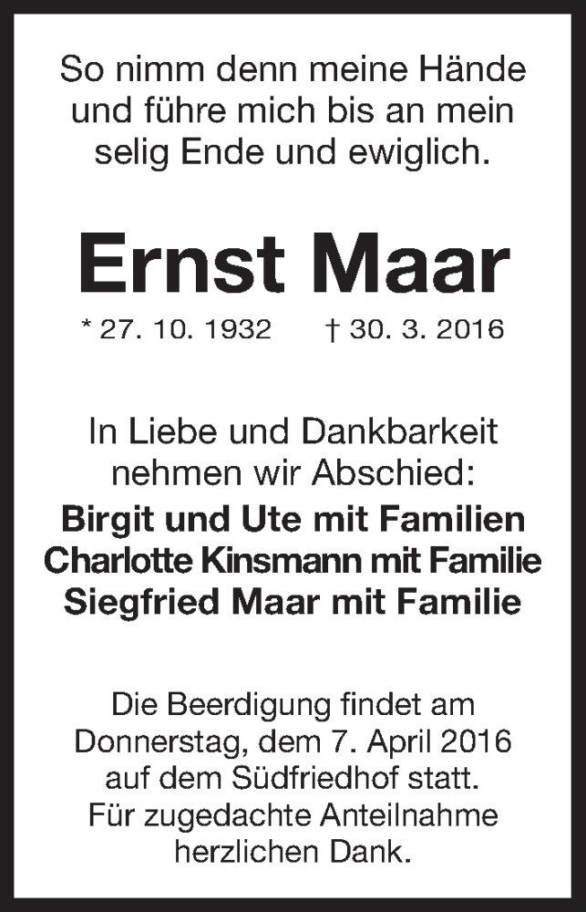  Traueranzeige für Ernst Maar vom 02.04.2016 aus Gesamtausgabe Nürnberger Nachrichten/ Nürnberger Ztg.