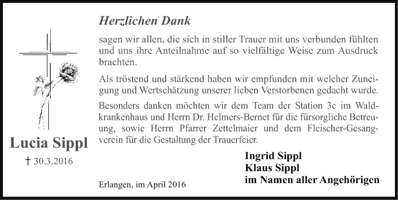  Traueranzeige für Lucia Sippl vom 23.04.2016 aus Erlanger Nachrichten Lokal