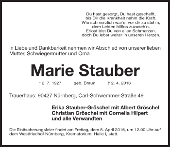 Traueranzeige von Marie Stauber von Gesamtausgabe Nürnberger Nachrichten/ Nürnberger Ztg.