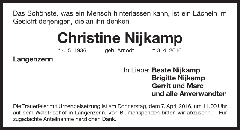  Traueranzeige für Christine Nijkamp vom 06.04.2016 aus Fürther Nachrichten Lokal