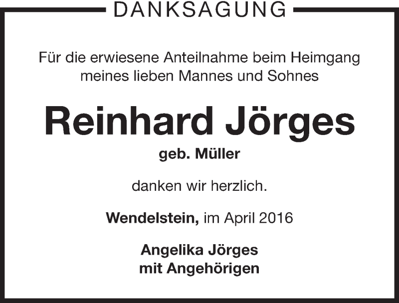  Traueranzeige für Reinhard Jörges vom 06.04.2016 aus Gesamtausgabe Nürnberger Nachrichten/ Nürnberger Ztg.