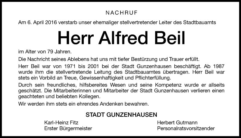  Traueranzeige für Alfred Beil vom 08.04.2016 aus Altmühl-Bote Lokal