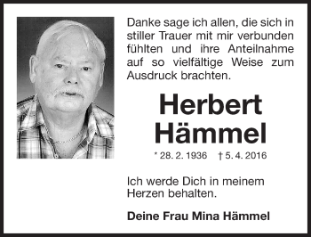 Traueranzeige von Herbert Hämmel von Gesamtausgabe Nürnberger Nachrichten/ Nürnberger Ztg.